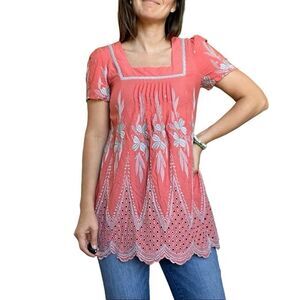 Sundance Coral Embroidered Blouse Top Eyelet Square Neck Women Size XS Tunic